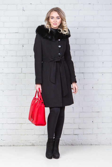 Женское пальто из текстиля с капюшоном, отделка песец 3000579