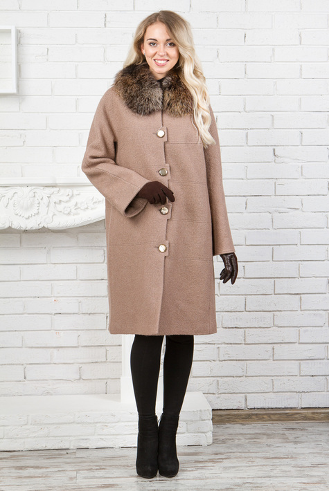 Женское пальто из текстиля с воротником, отделка лиса 3000583