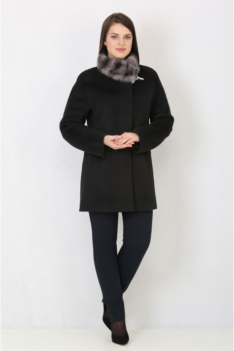 Женское пальто из текстиля с воротником, отделка норка 3000586