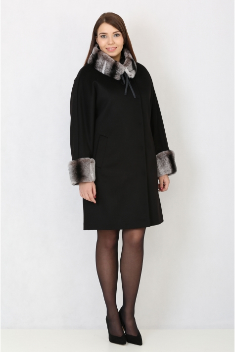 Женское пальто из текстиля с воротником, отделка кролик 3000592