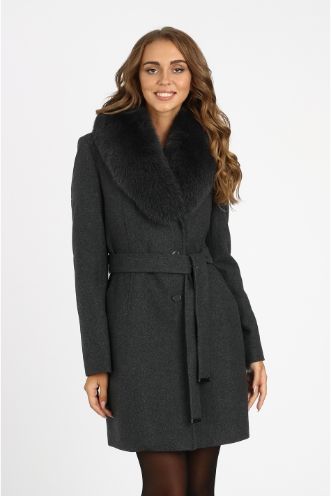 Женское пальто из текстиля с воротником, отделка песец 3000710