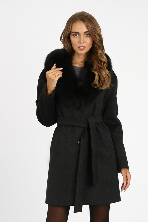 Женское пальто из текстиля с воротником, отделка песец 3000716