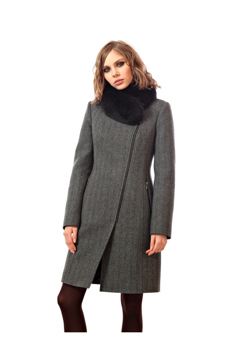 Женское пальто из текстиля с воротником, отделка песец 3000735