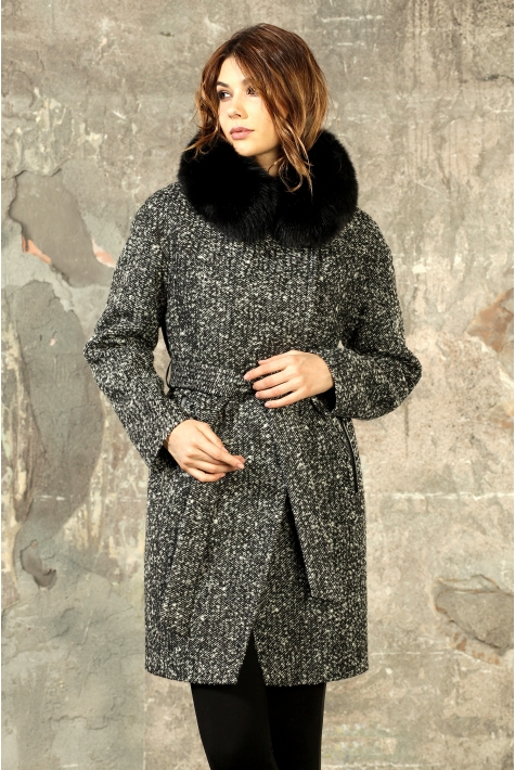 Женское пальто из текстиля с воротником, отделка песец 3000745