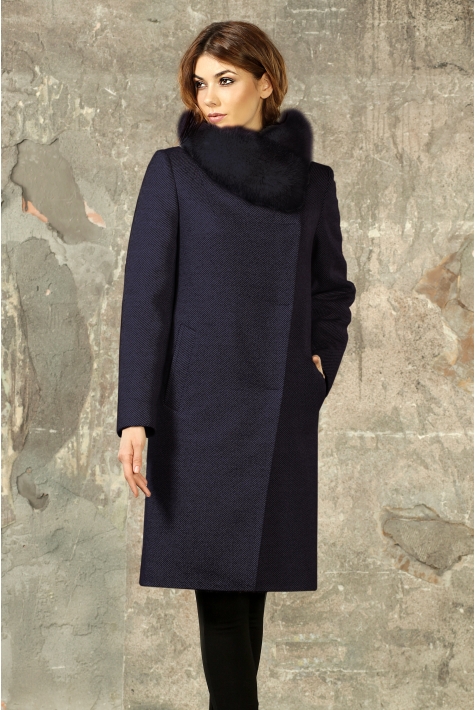 Женское пальто из текстиля с воротником, отделка песец 3000746