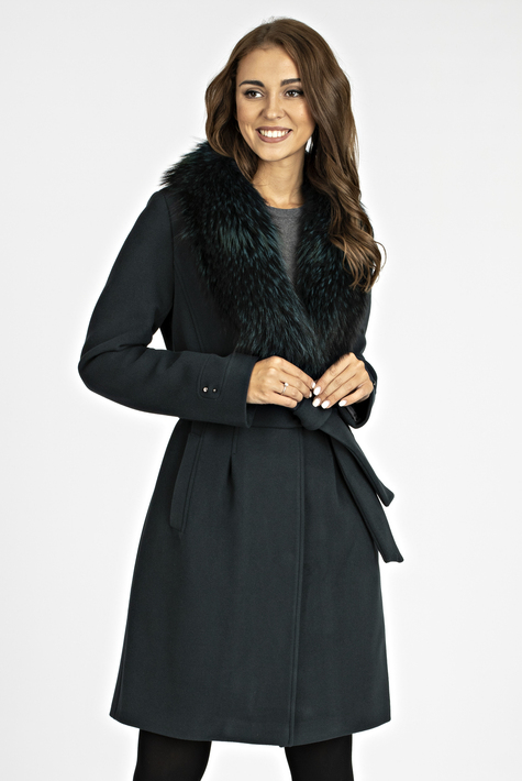 Женское пальто из текстиля с воротником, отделка енот 3000834