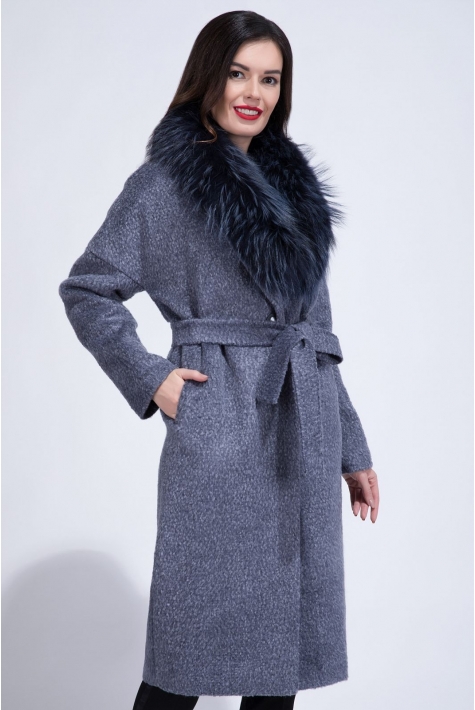 Женское пальто из текстиля с воротником, отделка енот 3000835