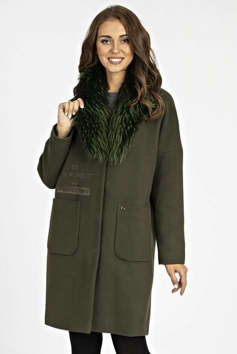 Женское пальто из текстиля с воротником, отделка енот 3000836