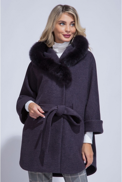 Женское пальто из текстиля с капюшоном, отделка песец 3000837