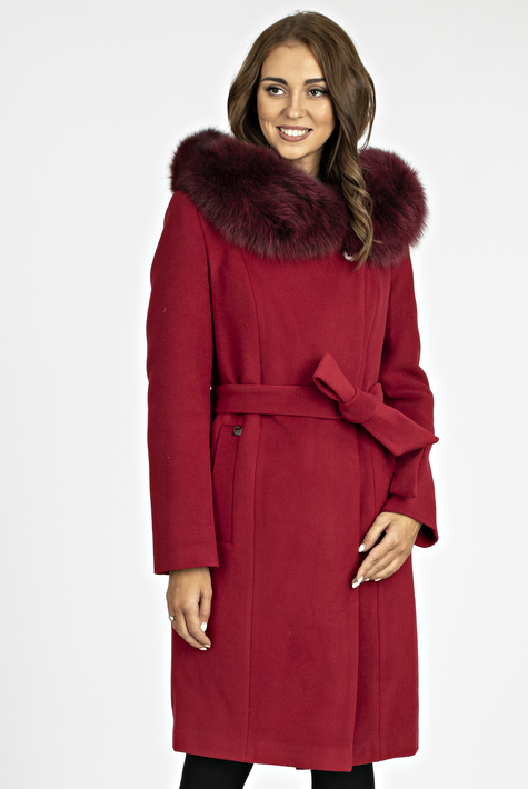 Женское пальто из текстиля с капюшоном, отделка песец 3000838