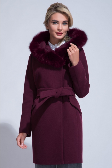 Женское пальто из текстиля с капюшоном, отделка песец 3000844