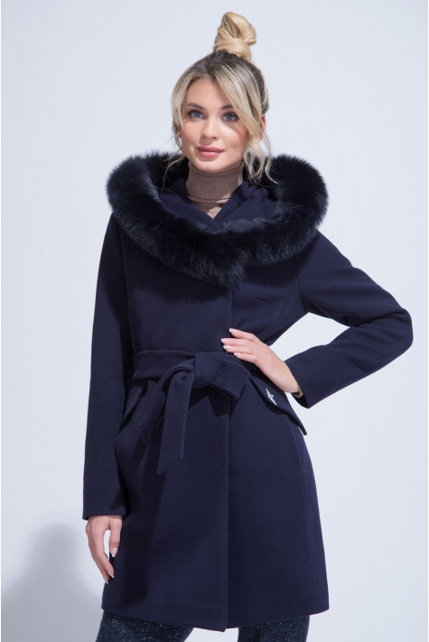 Женское пальто из текстиля с капюшоном, отделка песец 3000845