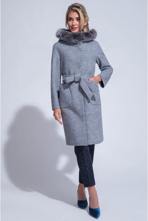Женское пальто из текстиля с капюшоном, отделка песец 3000846