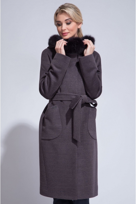 Женское пальто из текстиля с капюшоном, отделка песец 3000847