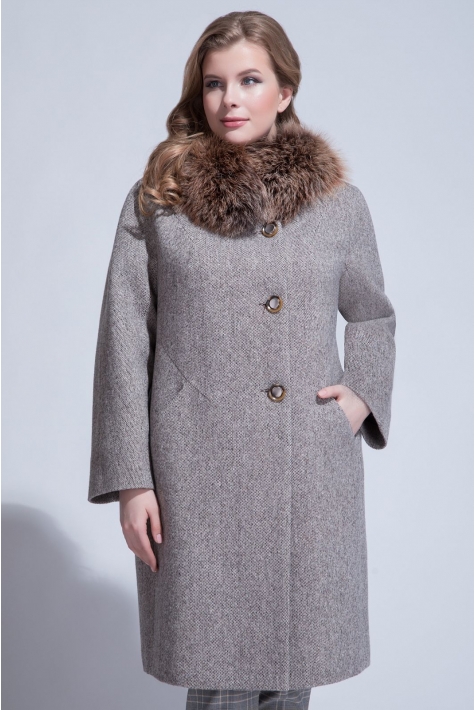 Женское пальто из текстиля с воротником, отделка песец 3000849