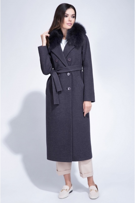 Женское пальто из текстиля с воротником, отделка песец 3000851