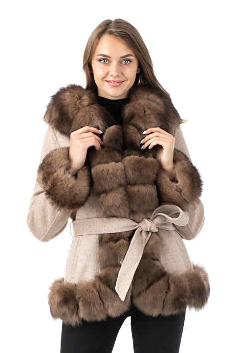 Женское пальто из текстиля с капюшоном, отделка песец 3000888