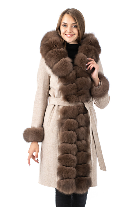 Женское пальто из текстиля с капюшоном, отделка песец 3000890
