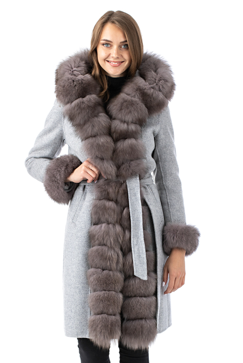 Женское пальто из текстиля с капюшоном, отделка песец 3000891