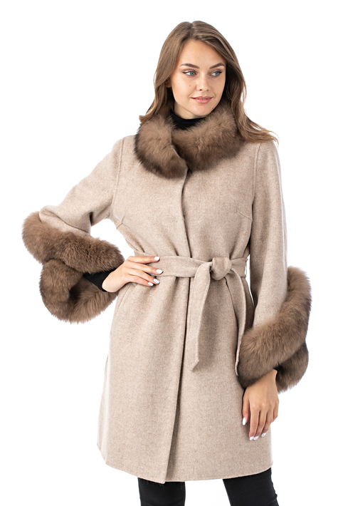 Женское пальто из текстиля с воротником, отделка песец 3000892