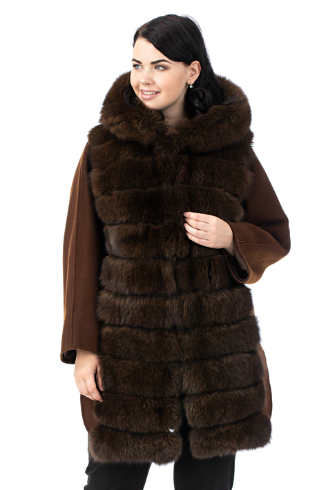 Женское пальто из текстиля с капюшоном, отделка песец 3000893