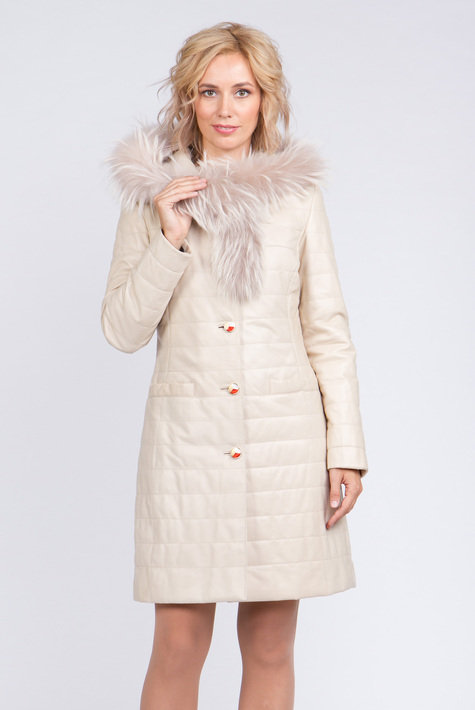 Пальто женское из натуральной кожи с капюшоном, отделка енот 2100426