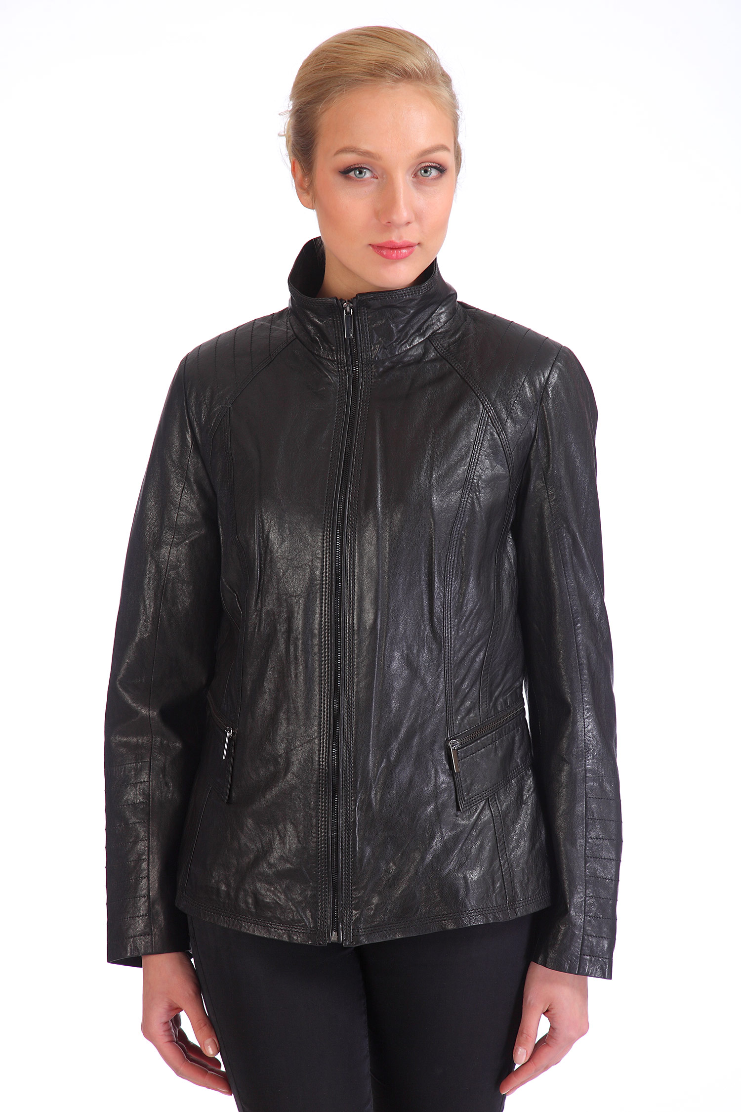 Женская кожаная куртка из натуральной кожи с воротником, отделка искусственный мех от МОСМЕХА