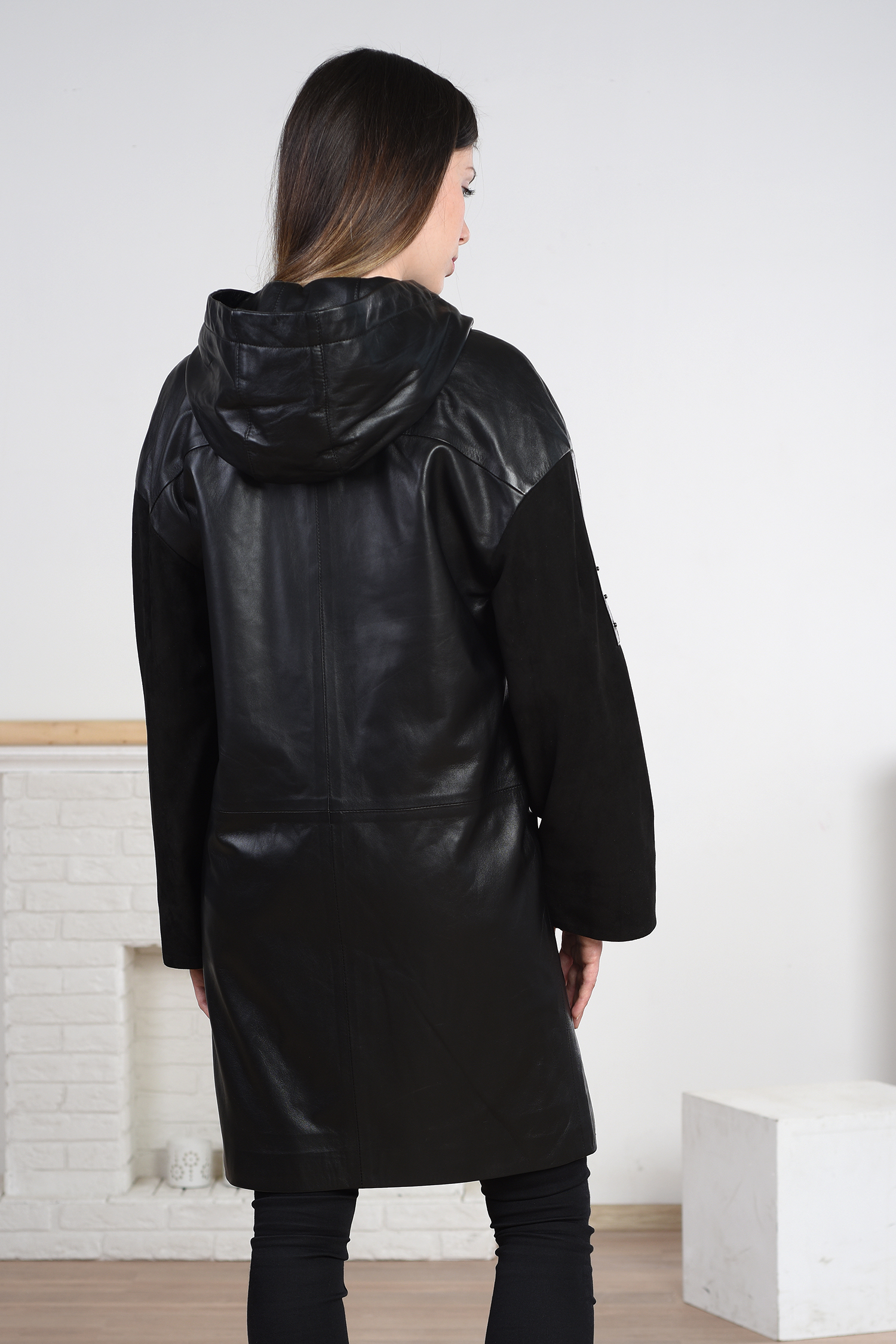 Женское кожаное пальто из натуральной кожи с капюшоном, без отделки