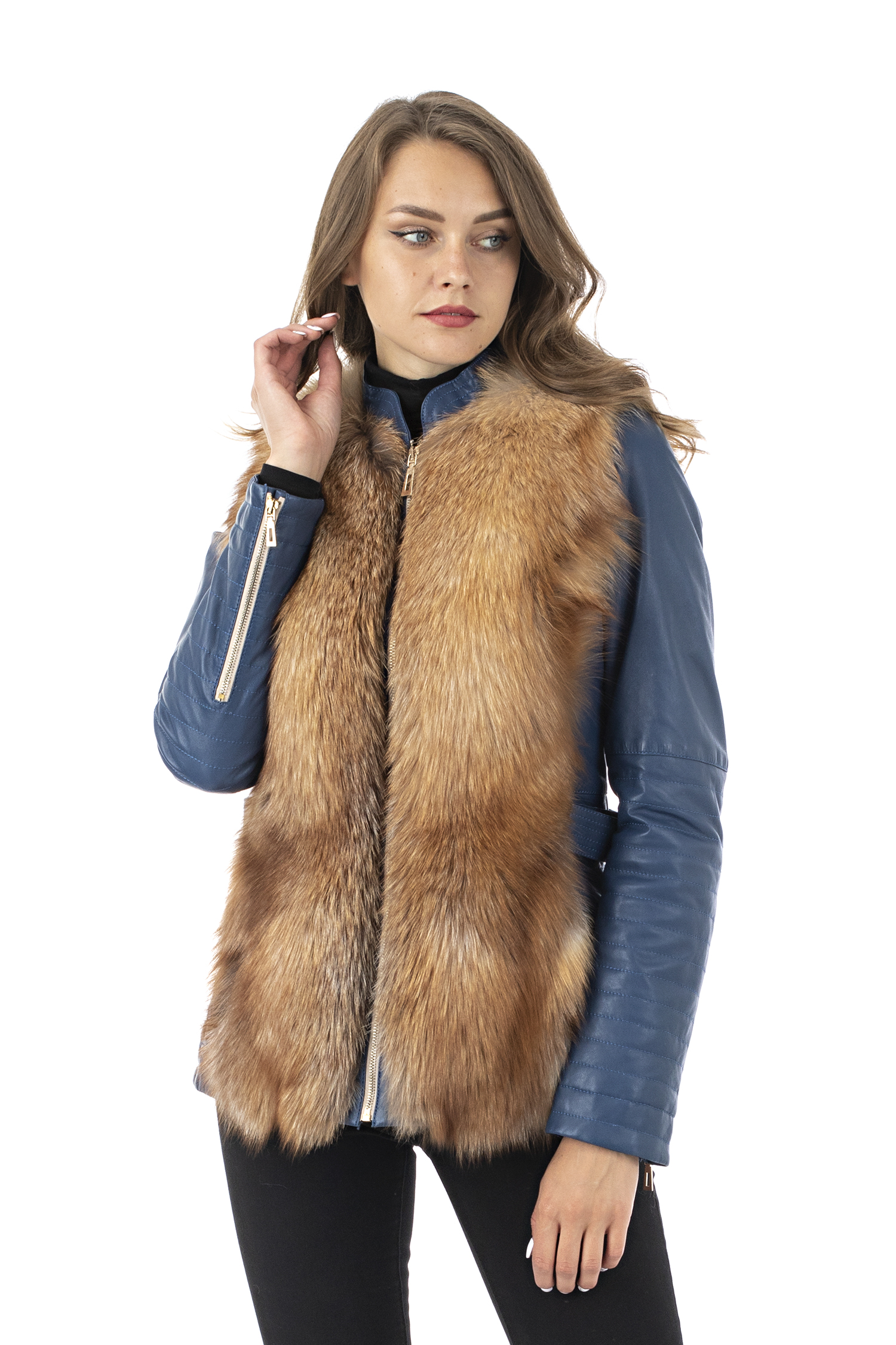 Женская кожаная куртка из натуральной кожи с воротником, отделка лиса