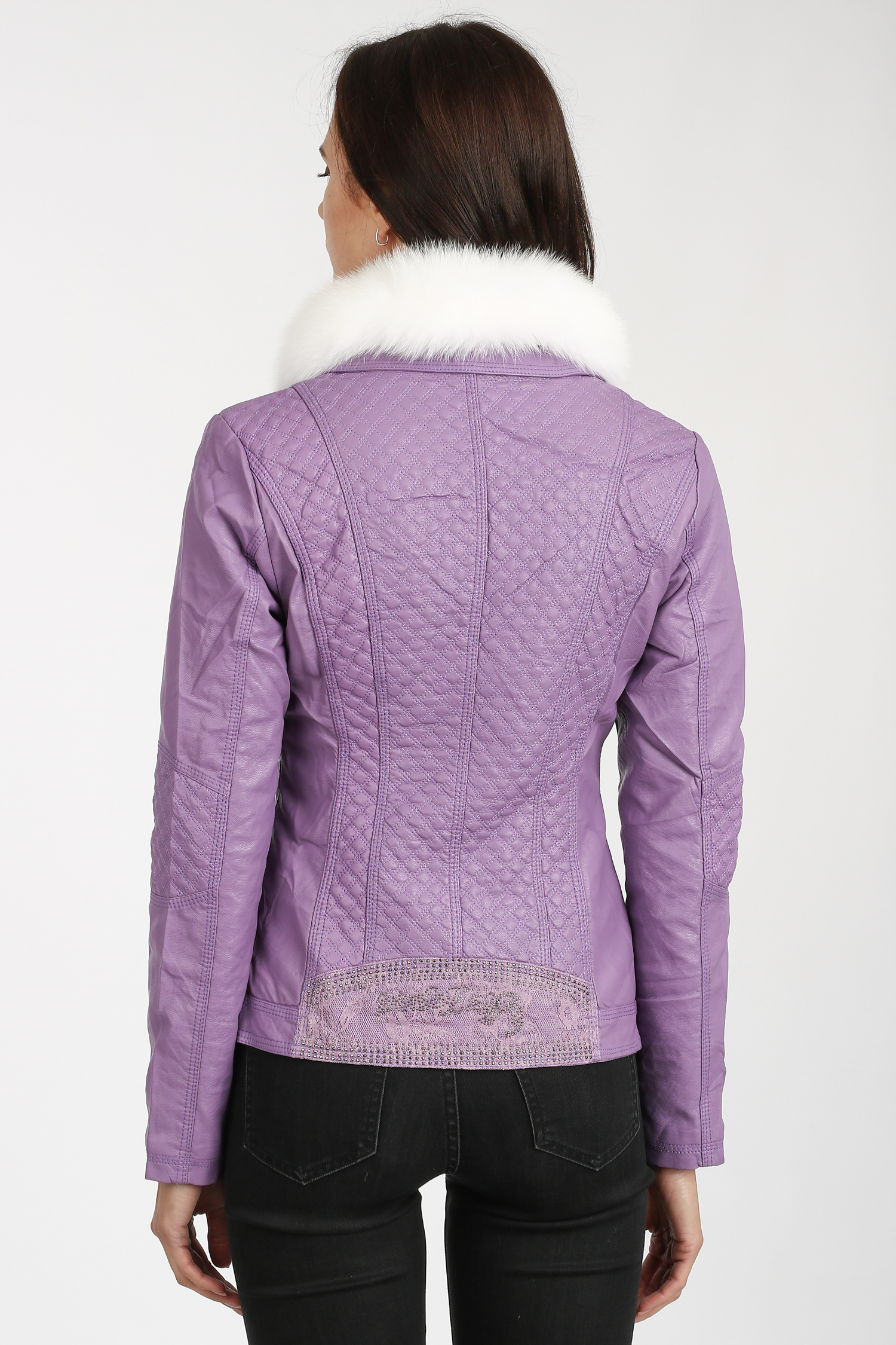 Женская кожаная куртка из эко-кожи с воротником, отделка песец