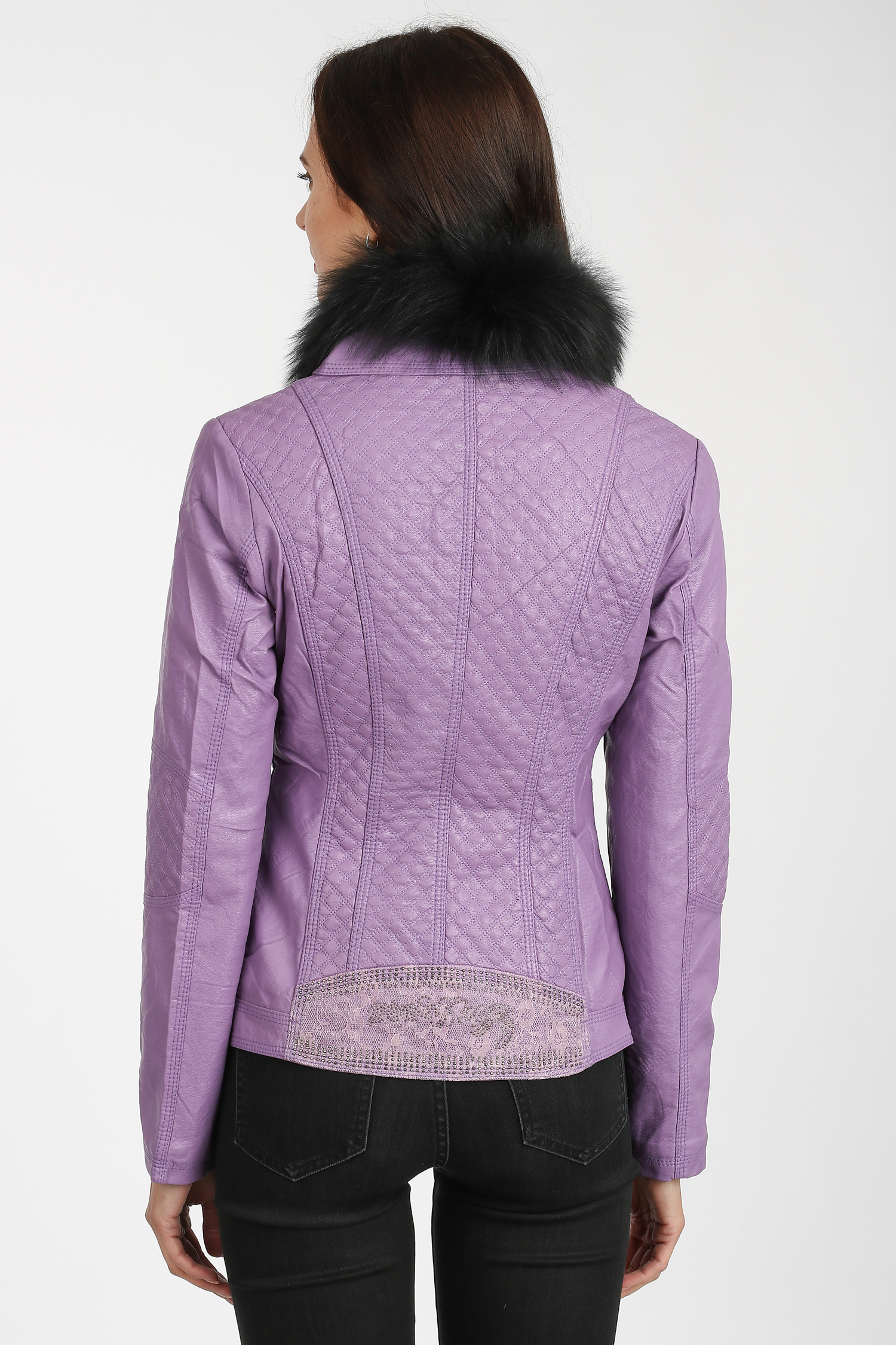 Женская кожаная куртка из эко-кожи с воротником, отделка песец