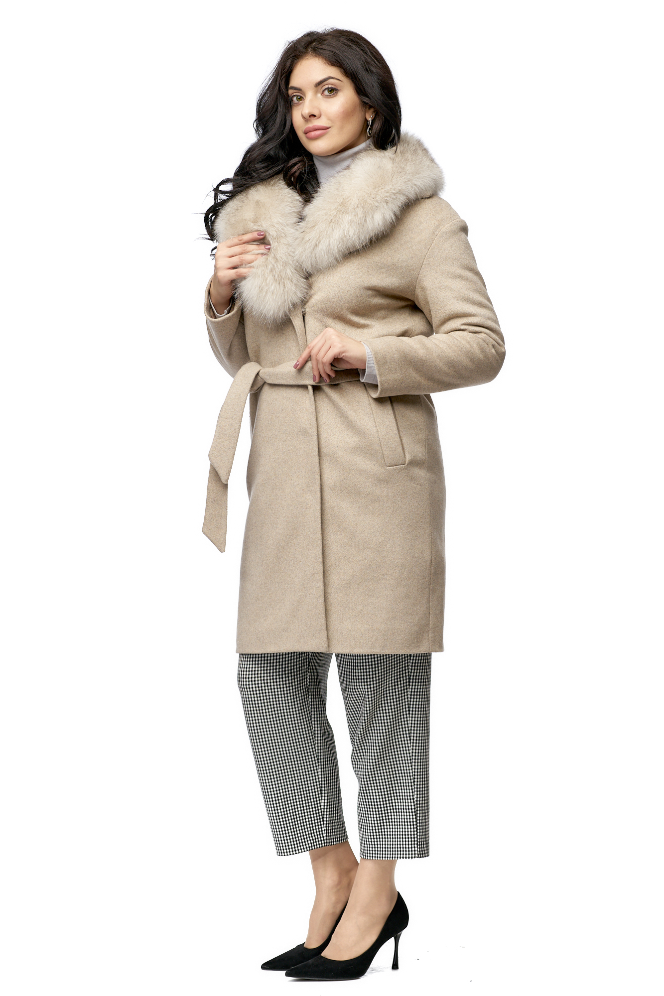 

Женское пальто из текстиля с воротником, отделка песец, Бежевый