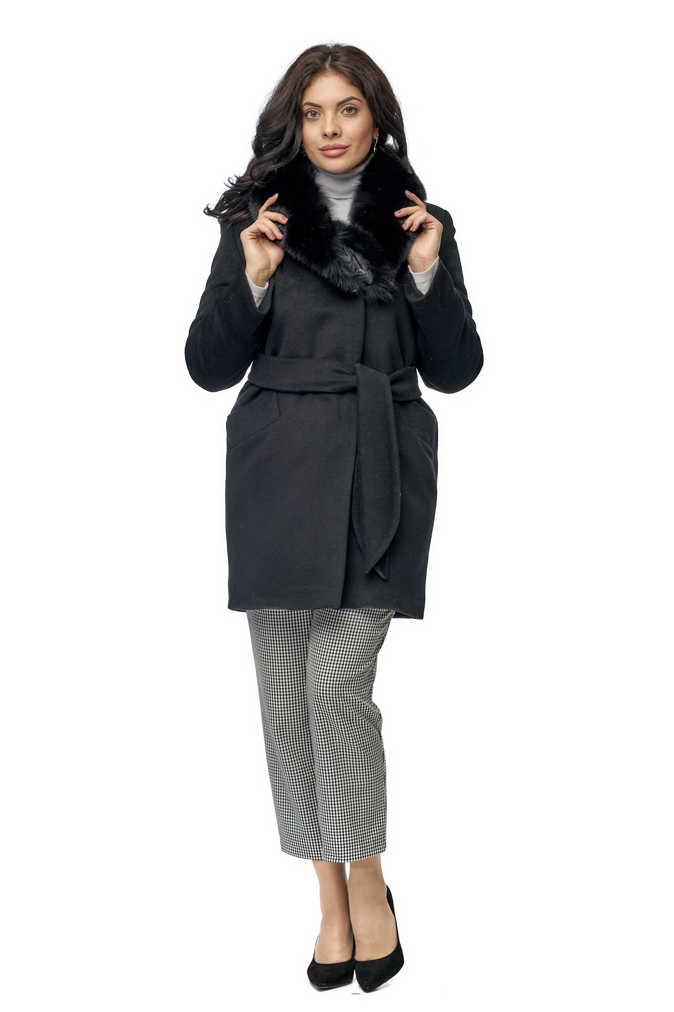 

Женское пальто из текстиля с воротником, отделка песец, Черный