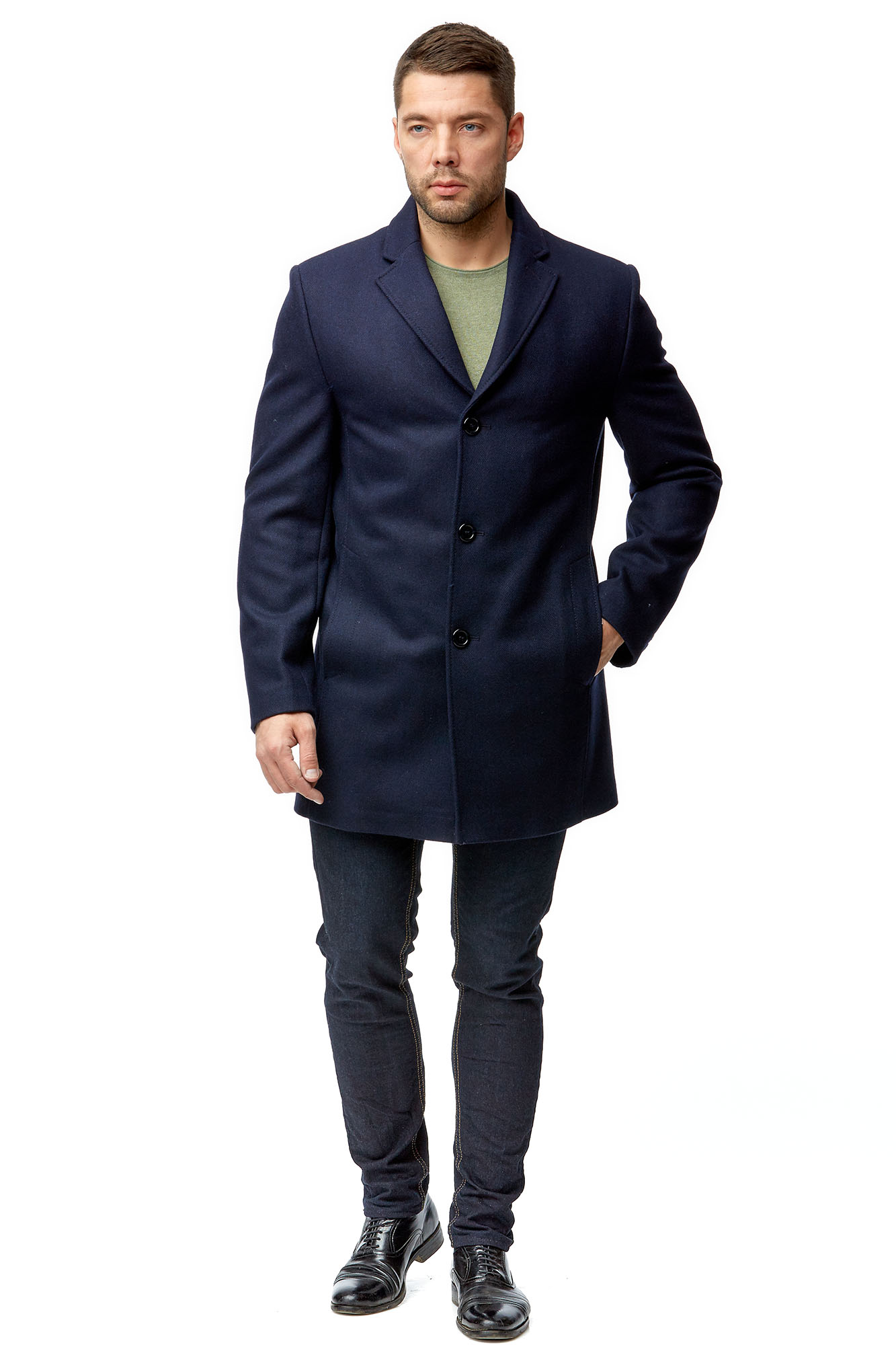 Мужское пальто из текстиля с воротником МОСМЕХА синий 8001791 