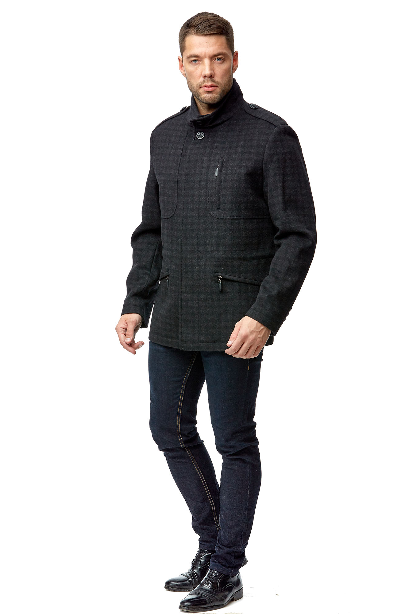 Мужское пальто из текстиля с воротником МОСМЕХА черного цвета