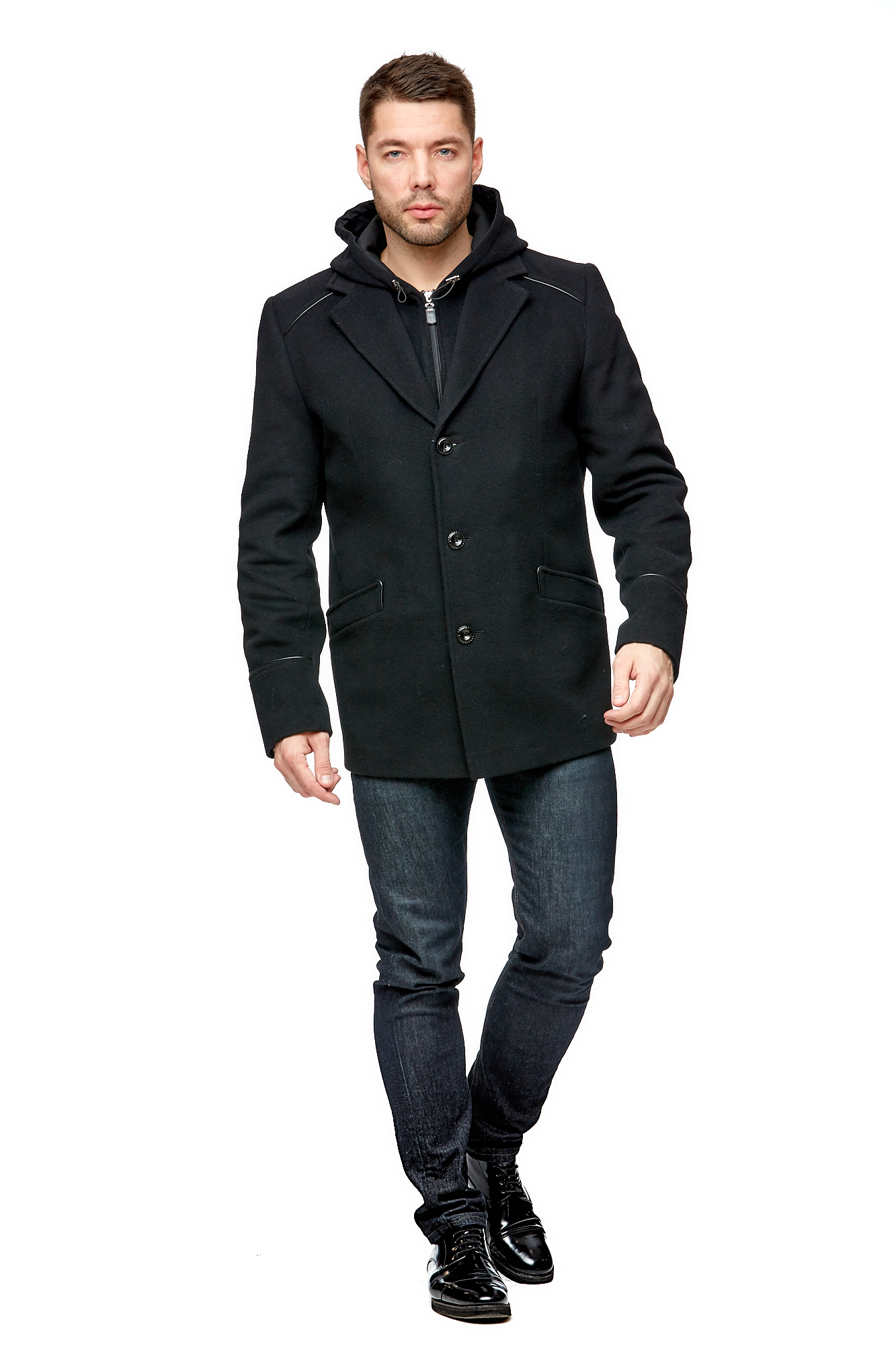 Мужское пальто из текстиля с воротником МОСМЕХА черного цвета