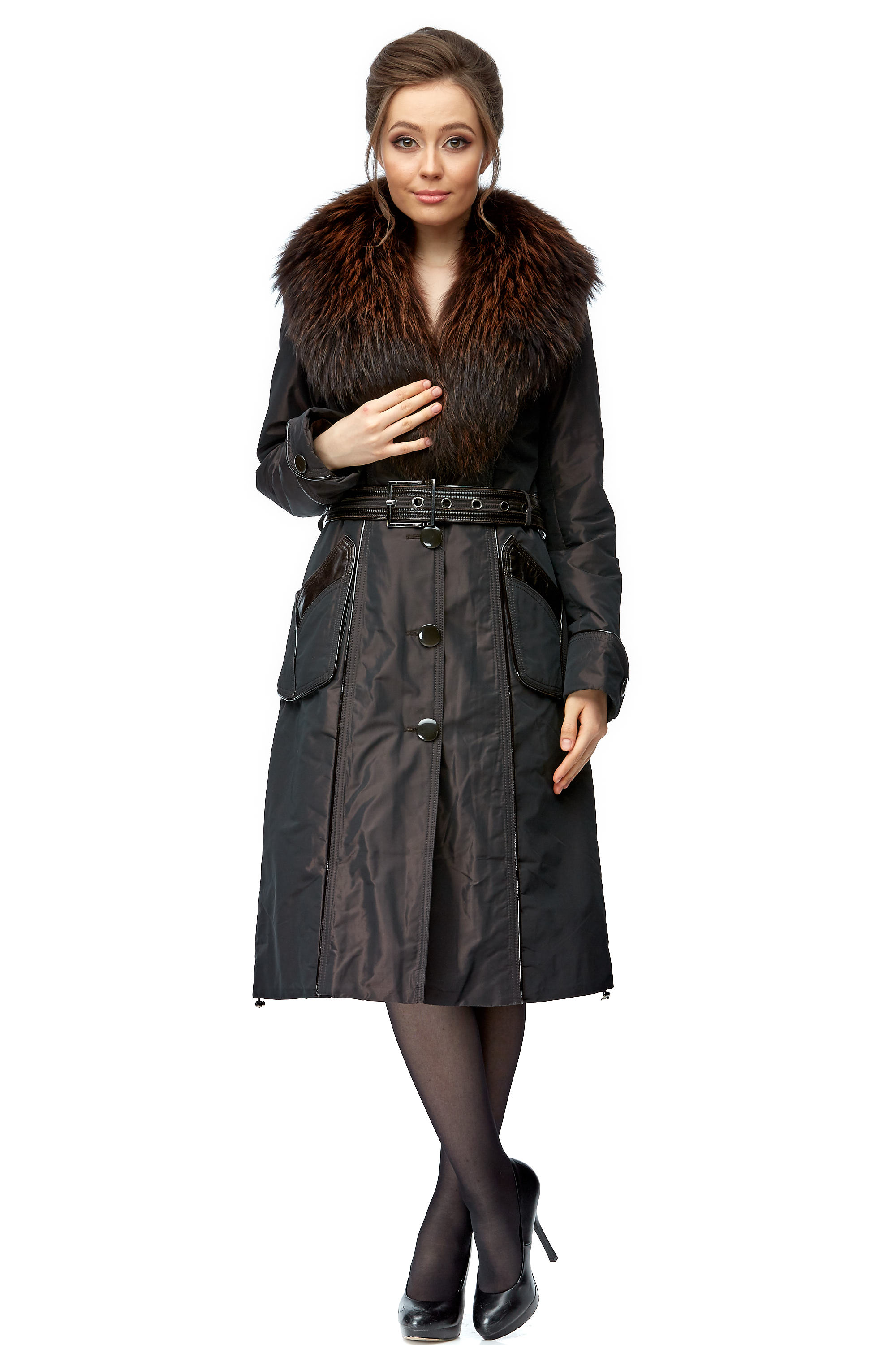 Женское пальто из текстиля с воротником, отделка енот