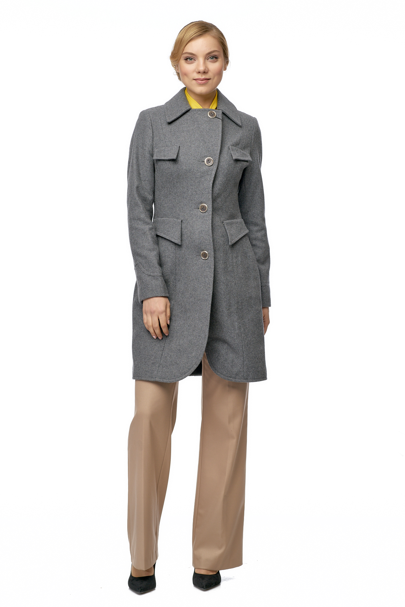 Женское пальто из текстиля с воротником МОСМЕХА серый 8003049 