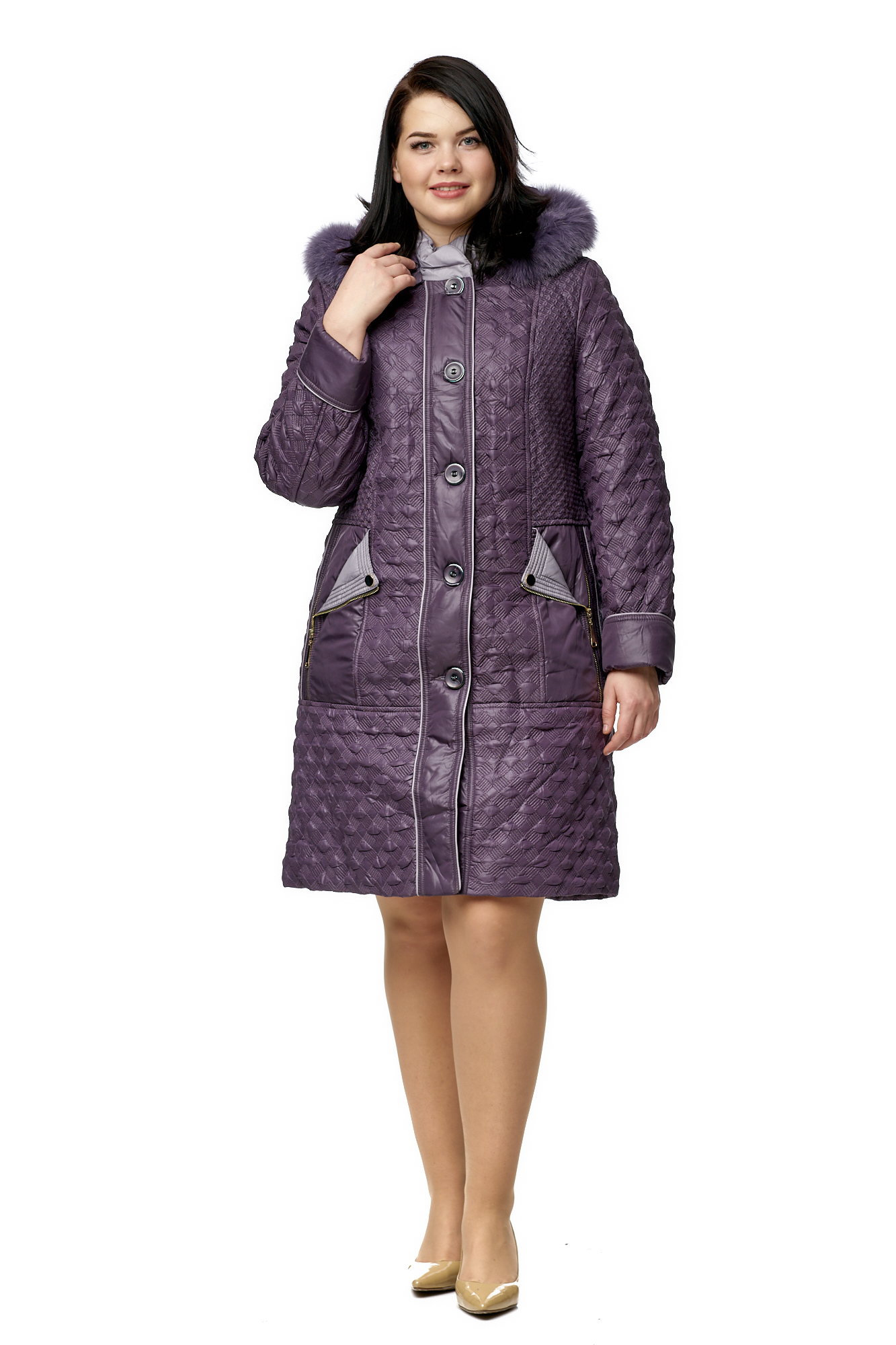 Женское пальто из текстиля с капюшоном, отделка песец МОСМЕХА фиолетового цвета