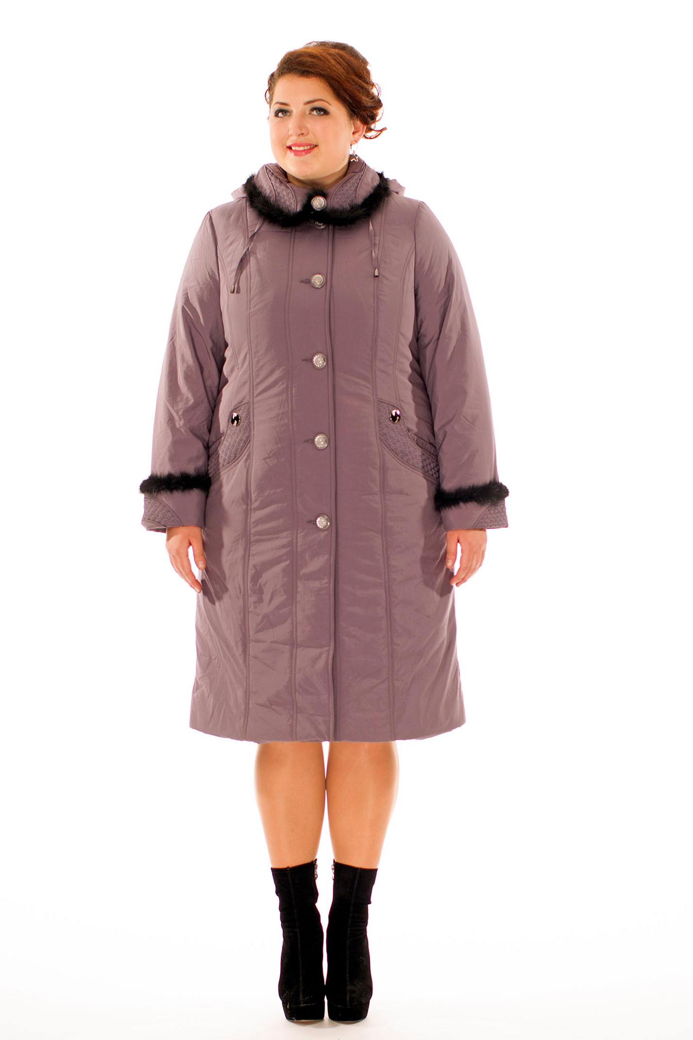 Женское пальто из текстиля с капюшоном, отделка норка МОСМЕХА фиолетовый 8009991 