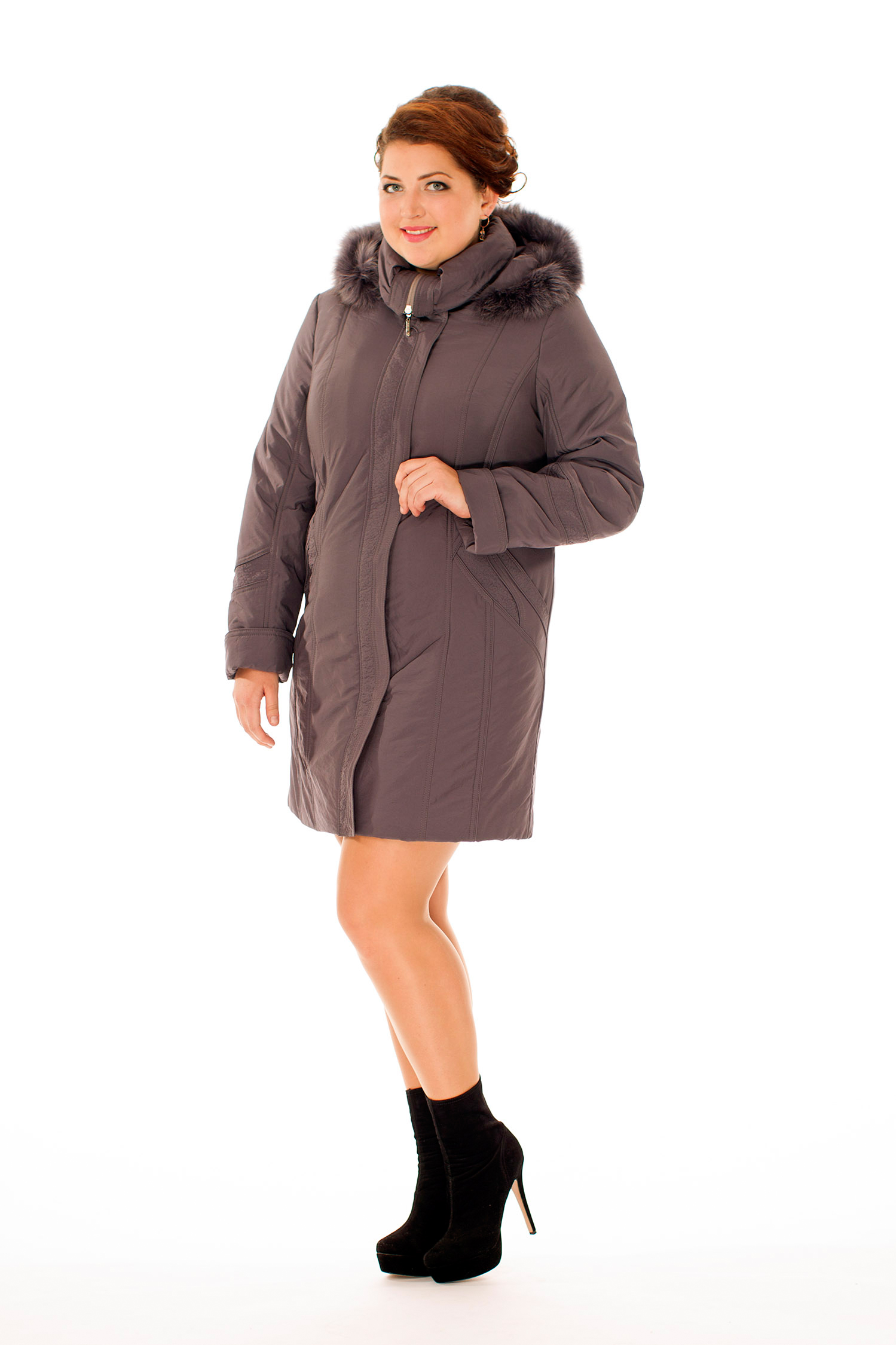 Куртка женская из текстиля с капюшоном, отделка песец МОСМЕХА серого цвета