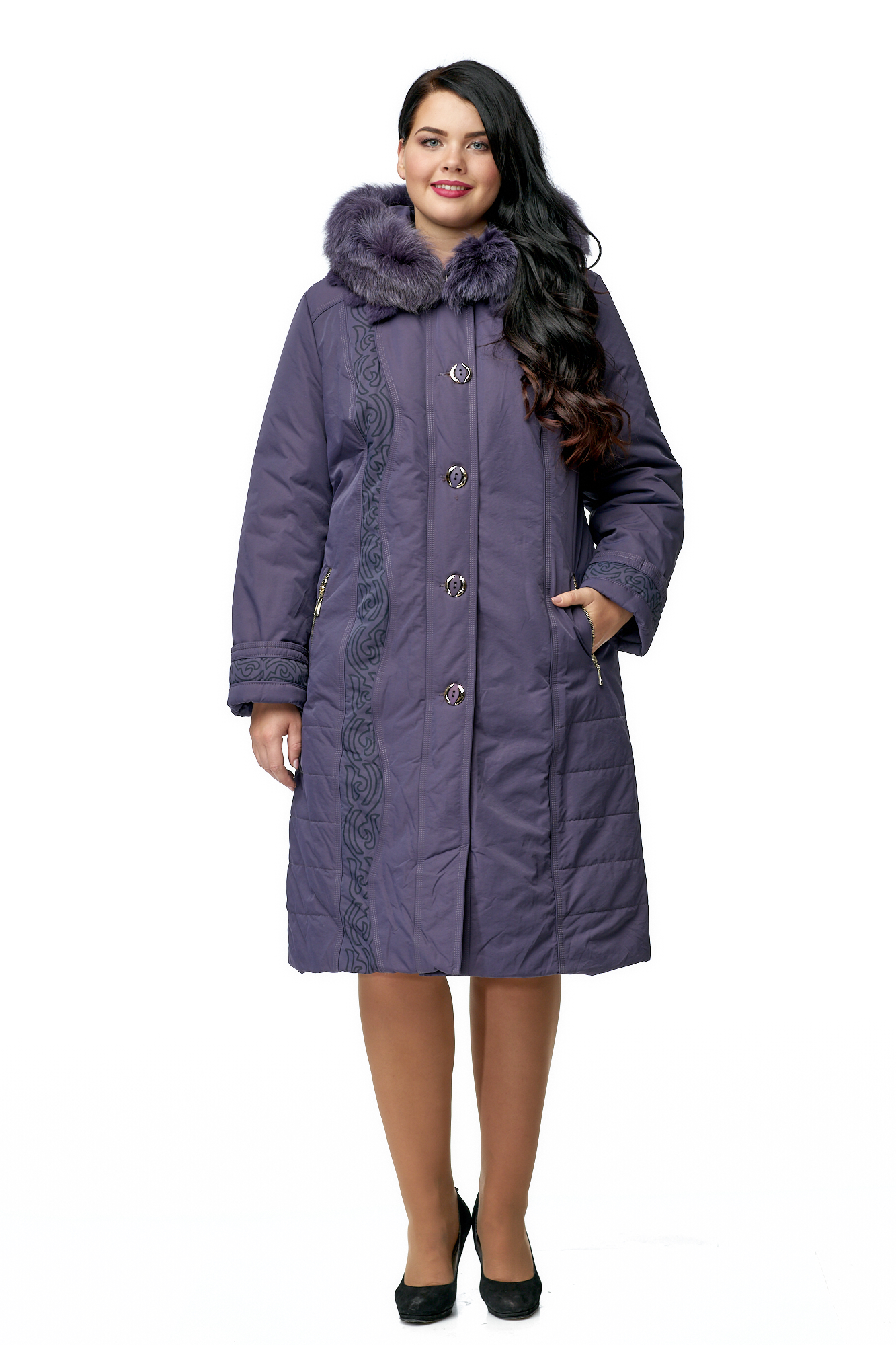 Женское пальто из текстиля с капюшоном, отделка песец МОСМЕХА фиолетовый 8010025 