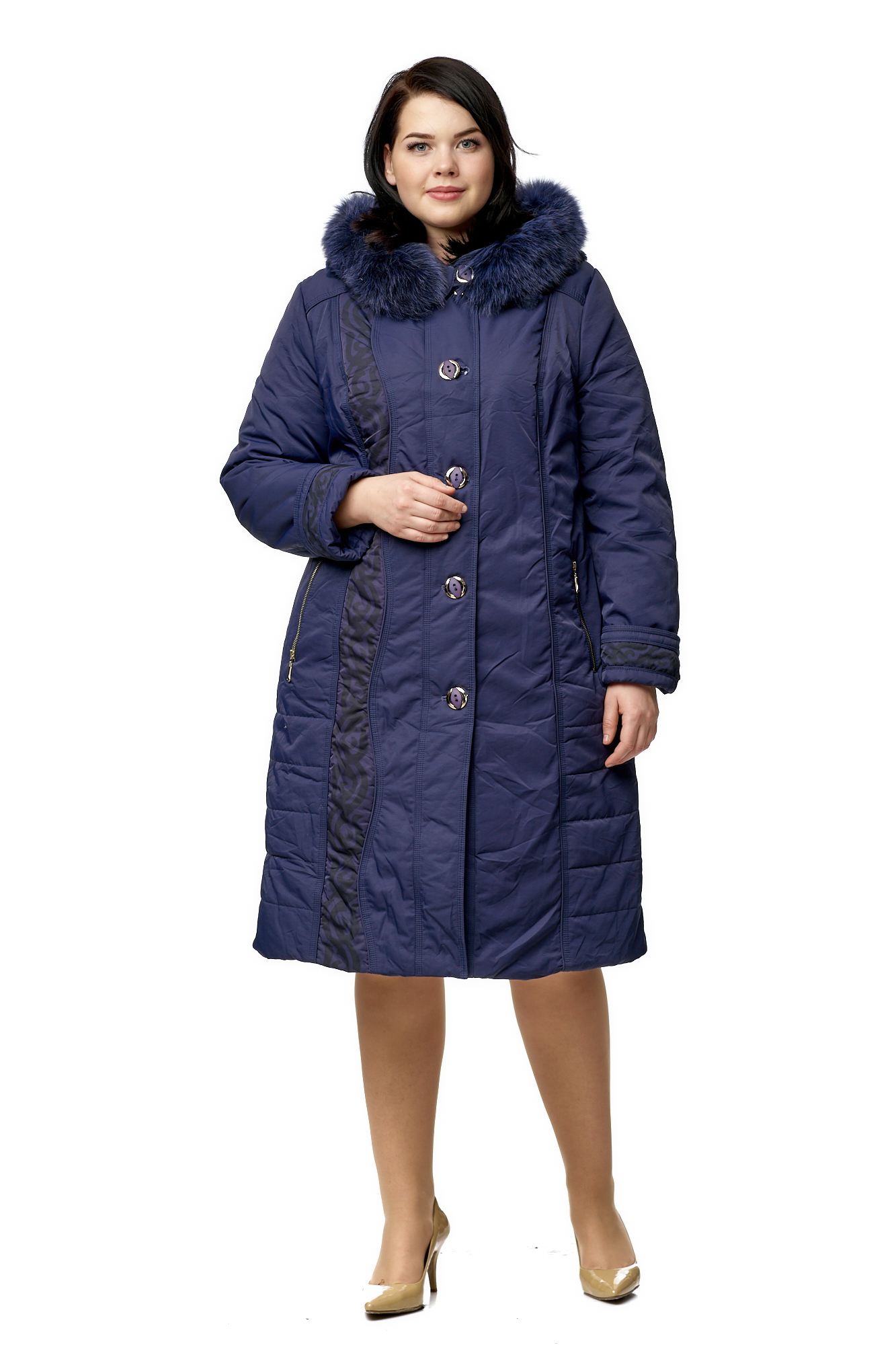 Женское пальто из текстиля с капюшоном, отделка песец МОСМЕХА синего цвета