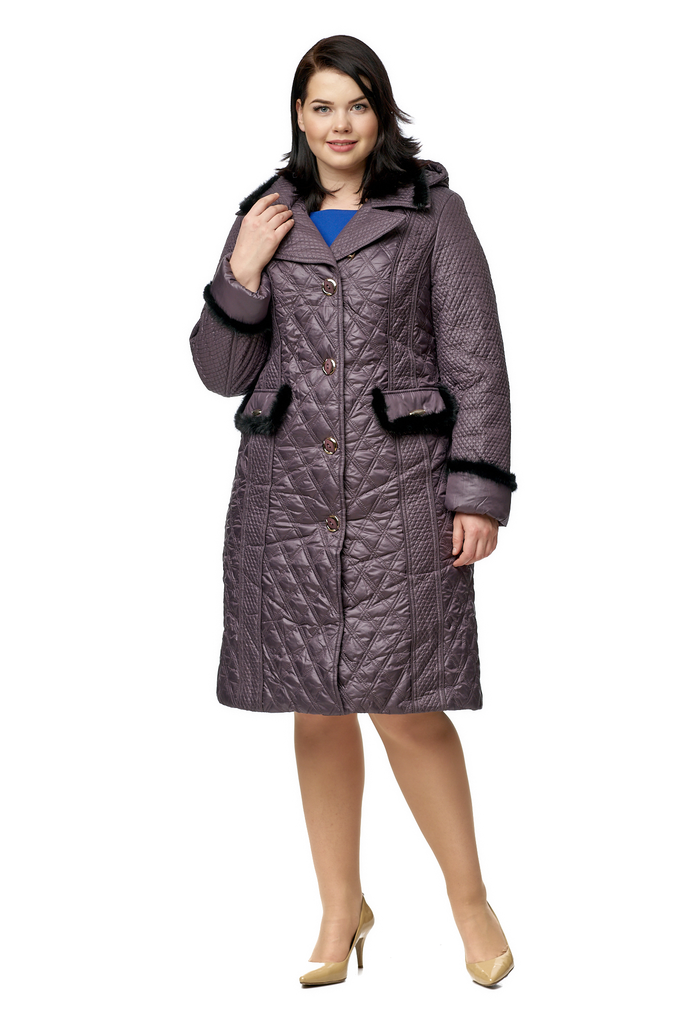 Женское пальто из текстиля с капюшоном, отделка норка МОСМЕХА фиолетовый 8010030 