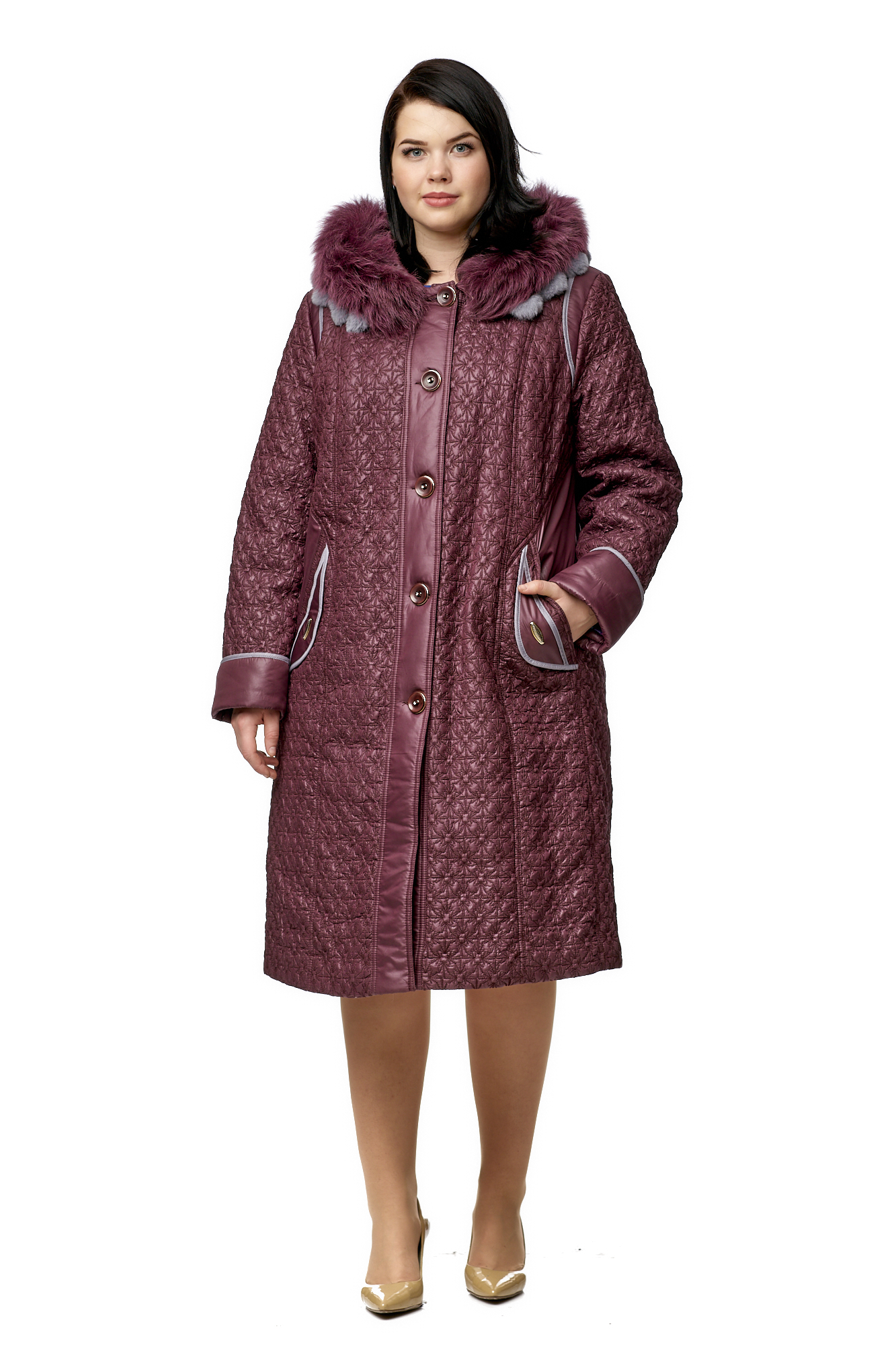 Женское пальто из текстиля с капюшоном, отделка песец МОСМЕХА фиолетовый 8010078 