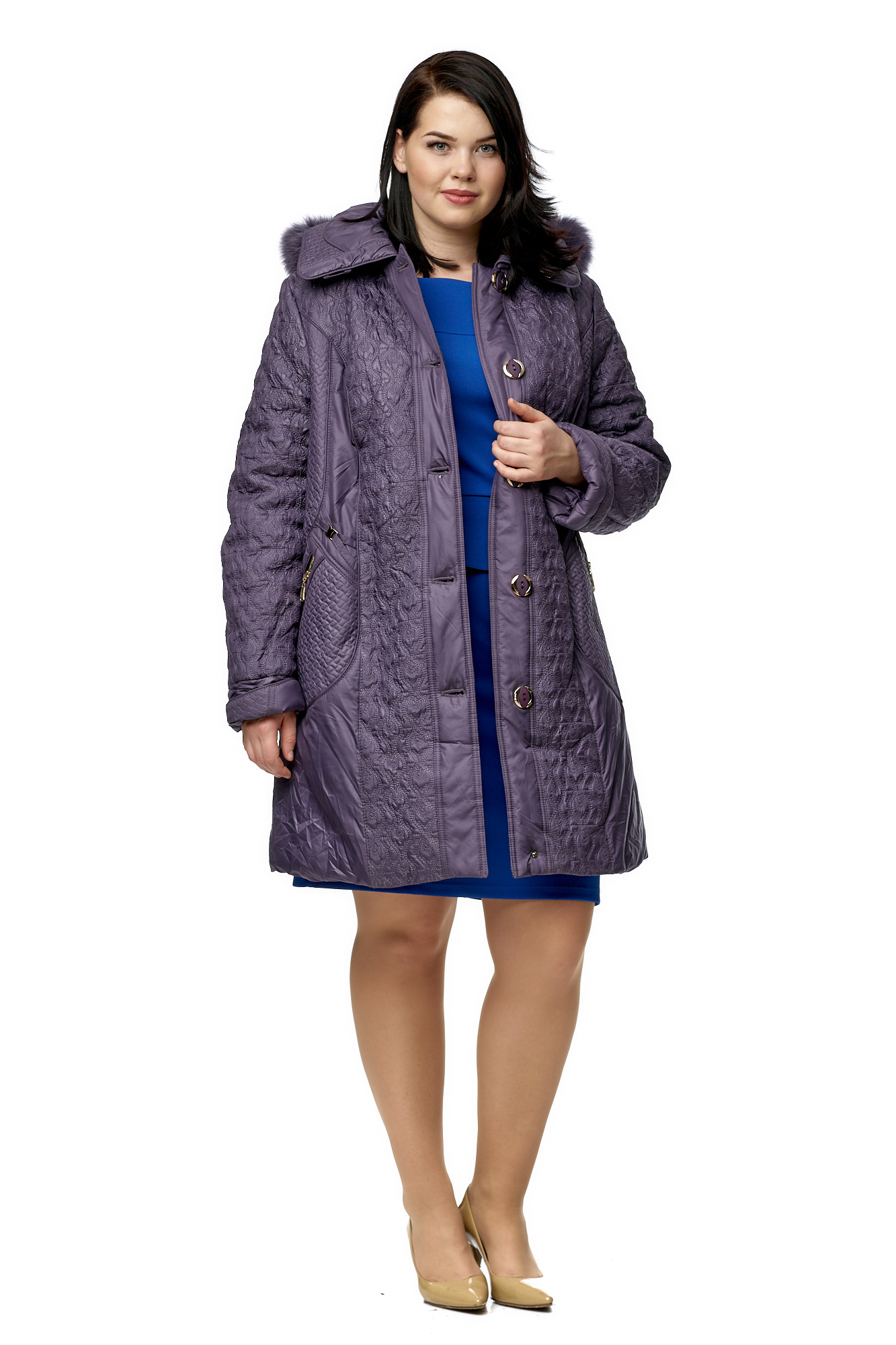 Женское пальто из текстиля с капюшоном, отделка песец МОСМЕХА фиолетовый 8010187 
