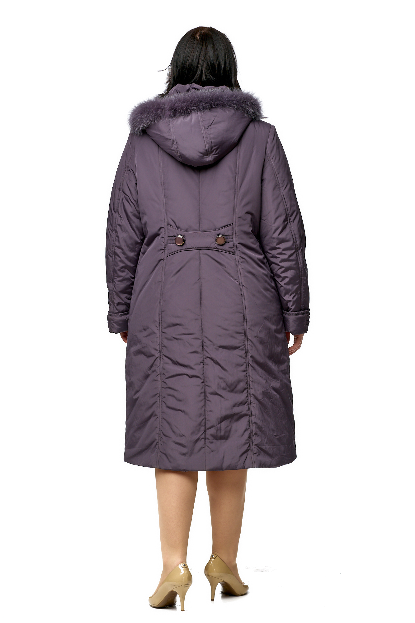 Женское пальто из текстиля с капюшоном, отделка песец МОСМЕХА фиолетовый 8010518 