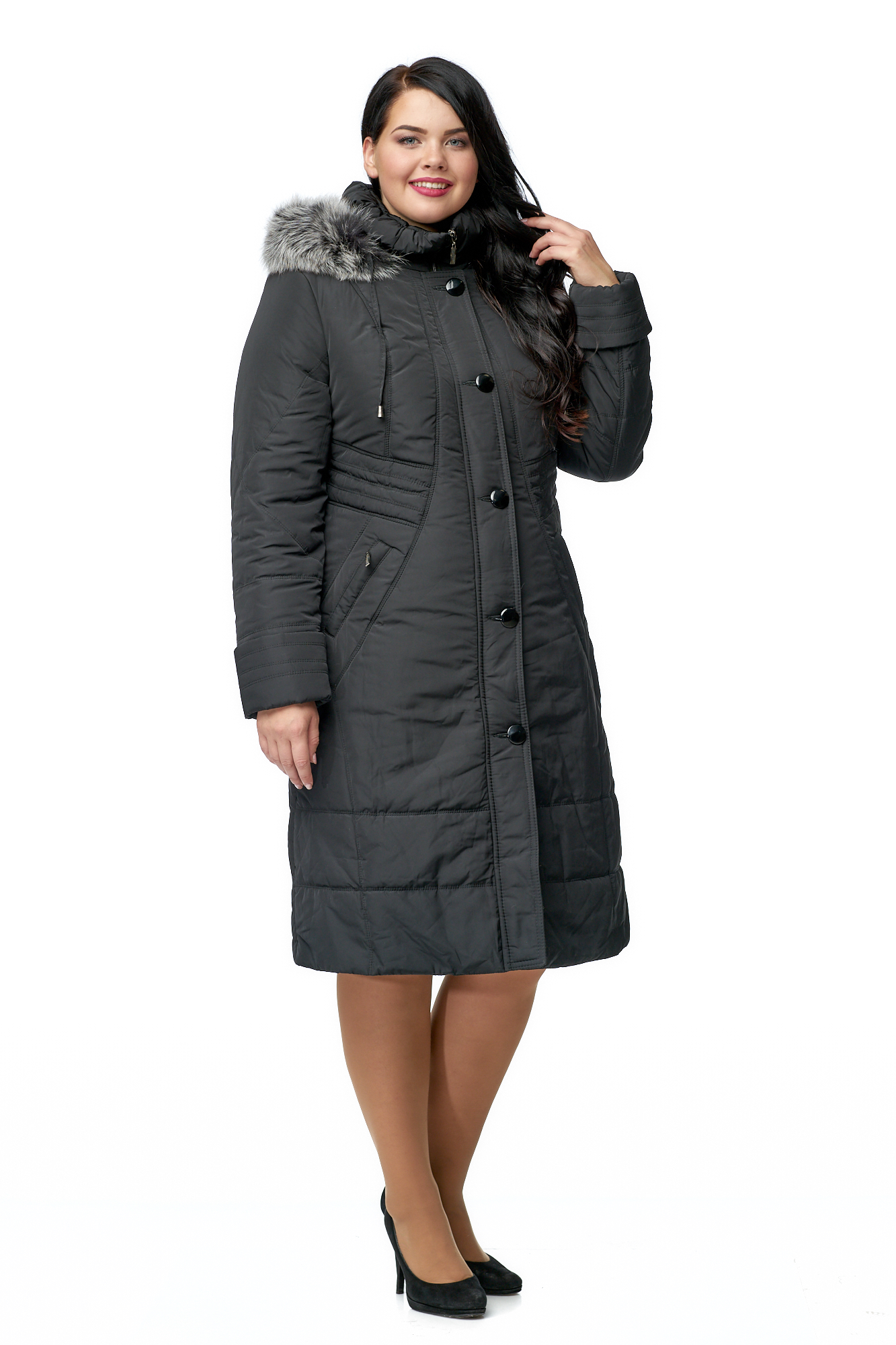 Женское пальто из текстиля с капюшоном, отделка песец МОСМЕХА черный 8010605 