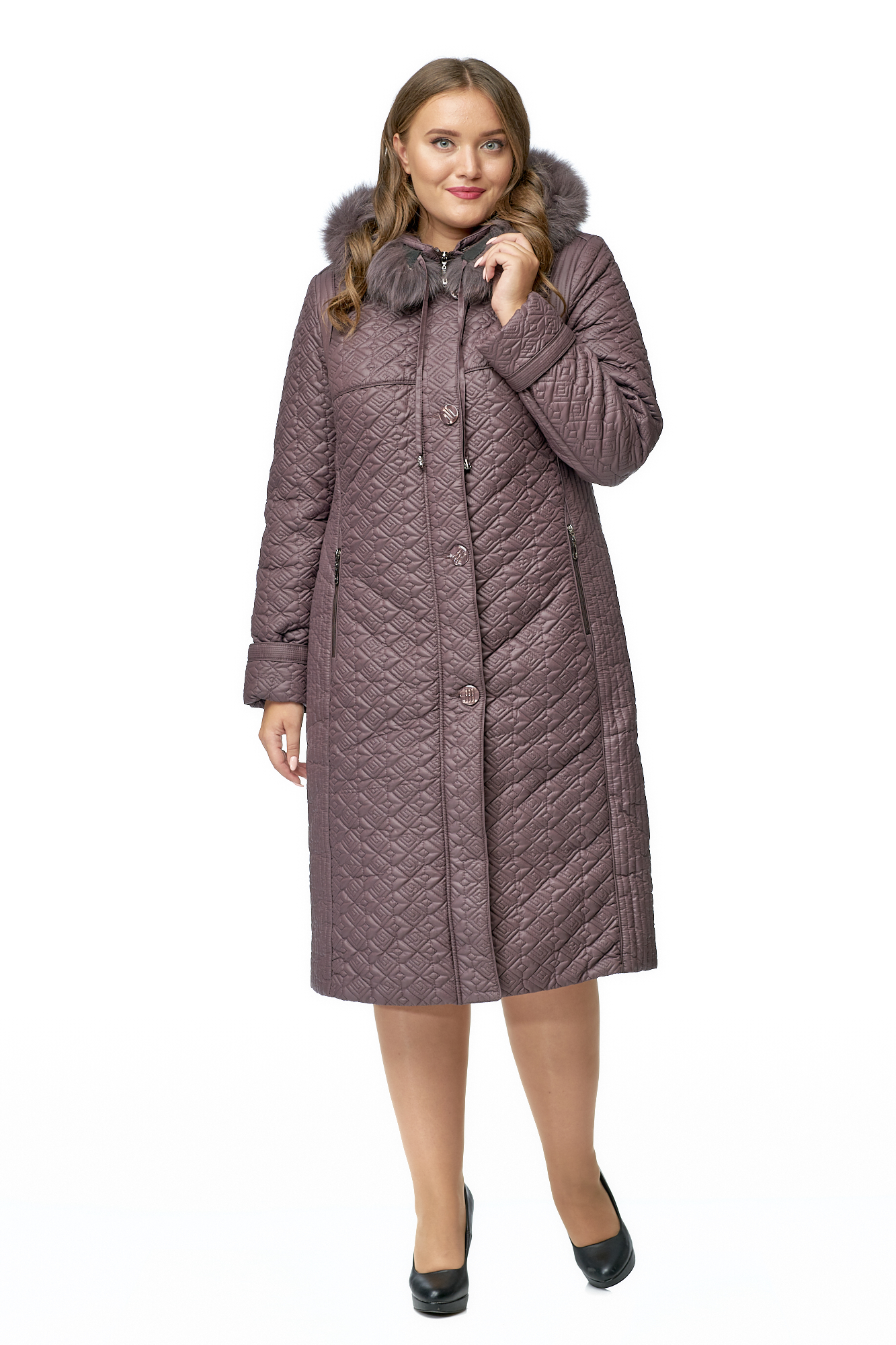 Женское пальто из текстиля с капюшоном, отделка песец МОСМЕХА коричневого цвета