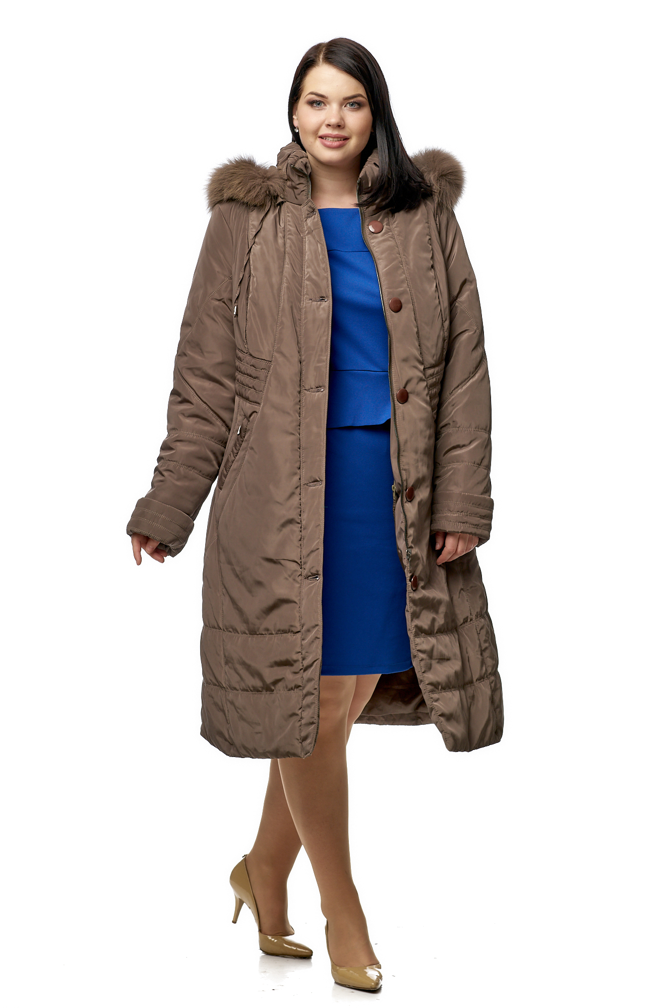 Женское пальто из текстиля с капюшоном, отделка песец МОСМЕХА зеленый 8010642 